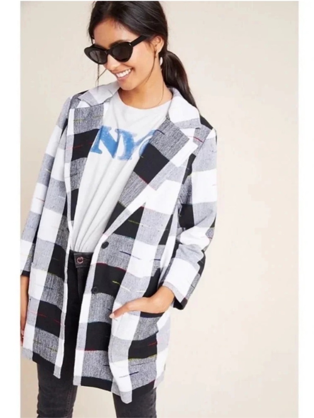 Anthropologie The Odells Cairo Plaid Blazer Jacket Black White Gingham Check L - Picture 5 of 16
